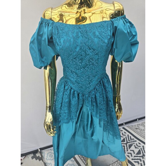 VTG 80s Loralie Blossoms Puff Sleeve On Off Shoulder Lace Dress 12 M - Picture 5 of 9